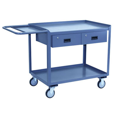 Two Shelf Service Cart w/ 2 Drawers & Tool Shelf, 30"W