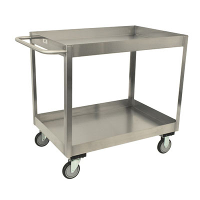 Stainless Steel 2 Shelf Cart w/ 3" Lips, 5" Urethane Casters, and Steel Rigs, 18" Wide