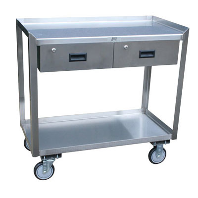 Stainless Steel Mobile Work Stand w/ 2 Shelves, 2 Drawers, Steel Rigs & 5" Urethane Casters, 18" Deep