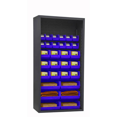 Heavy Duty 36"W, 12 Gauge Enclosed Shelving with 30 Hook-On-Bins