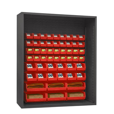 Heavy Duty 60"W, 12 Gauge Enclosed Shelving with 54 Hook-On-Bins