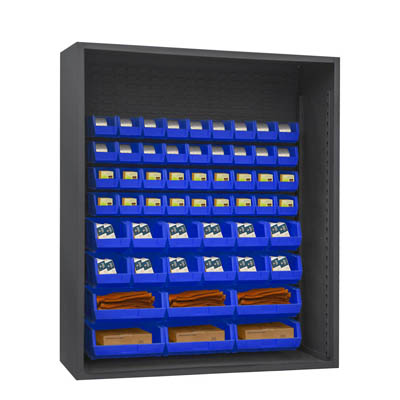 Heavy Duty 60"W, 12 Gauge Enclosed Shelving with 54 Hook-On-Bins