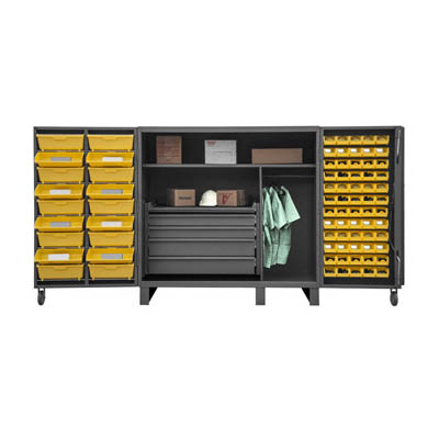 Extra Heavy Duty 12-Gauge 4" Deep Box Door Style Tilt-Bin Cabinet 60"W with 2 Shelves, 4 Drawers, and 78 Hook-On-Bins