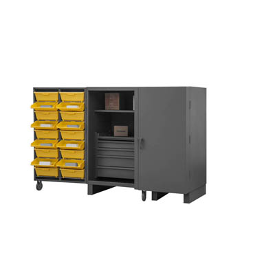 Extra Heavy Duty 12-Gauge 4" Deep Box Door Style Tilt-Bin Cabinet 60"W with 2 Shelves, 4 Drawers, and 78 Hook-On-Bins