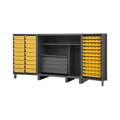 Extra Heavy Duty 12-Gauge 4" Deep Box Door Style Tilt-Bin Cabinet 60"W with 2 Shelves, 4 Drawers, and 78 Hook-On-Bins