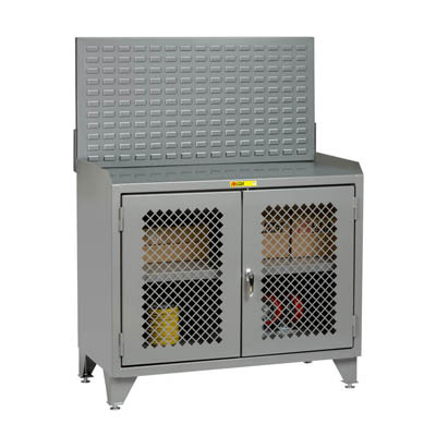 48" Wide Mobile Bench Cabinet w/ Clearview Doors, Full Center Shelf & Louvered Panel or Pegboard