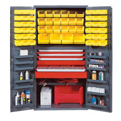 All Welded Bin Cabinet w/ 1 Adjustable Shelf, 12 Door Shelves, 4 Drawers, and 58 Multi Size Bins, 36" Wide