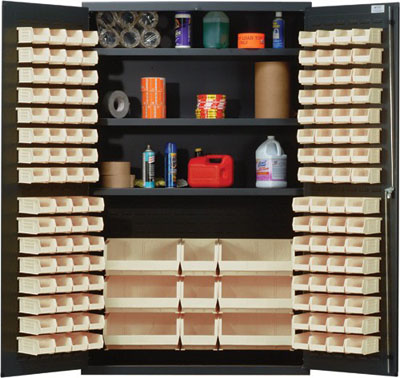 All Welded Bin Cabinet w/ 3 Adjustable Shelves and 137 Multi Size Bins, 48" Wide