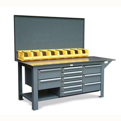 Industrial Workbench with Pegboard, Bins, and 11 Key-Lock Drawers