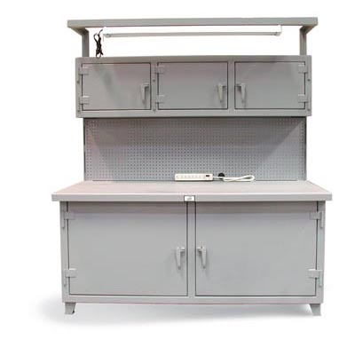 Workbench With Pegboard, Lockable Compartments And Light